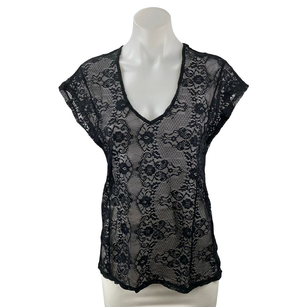 Gap Women's Black Floral Lace Sheer Short Cap Sleeve V Neck Blouse Top Size M